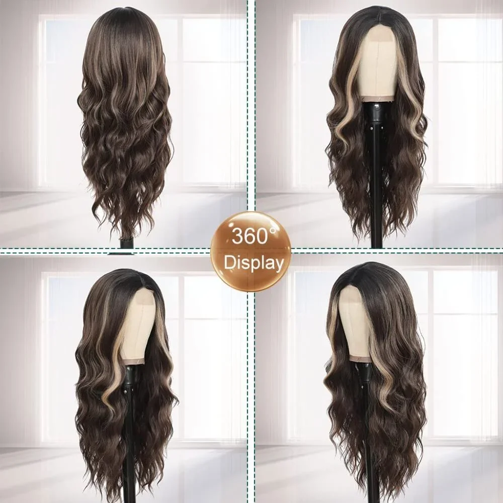 26 Inch  Wavy Ombre Brown Highlights Wig - Picture 3 of 6